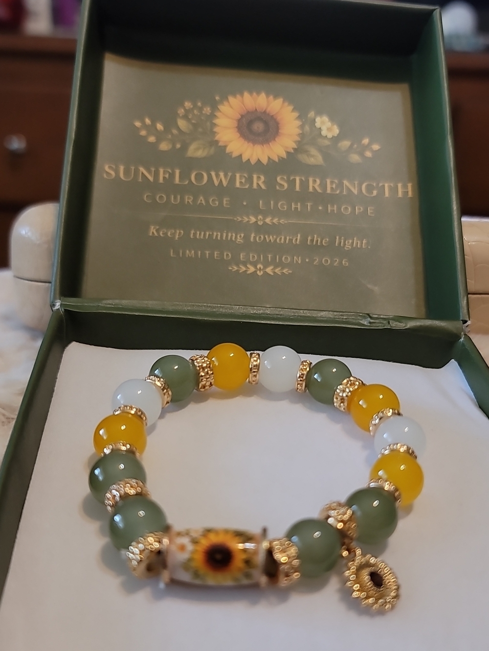 Sunflower Light Green And Tell Bead Stretch Bracelet with Gold Accents  With Box